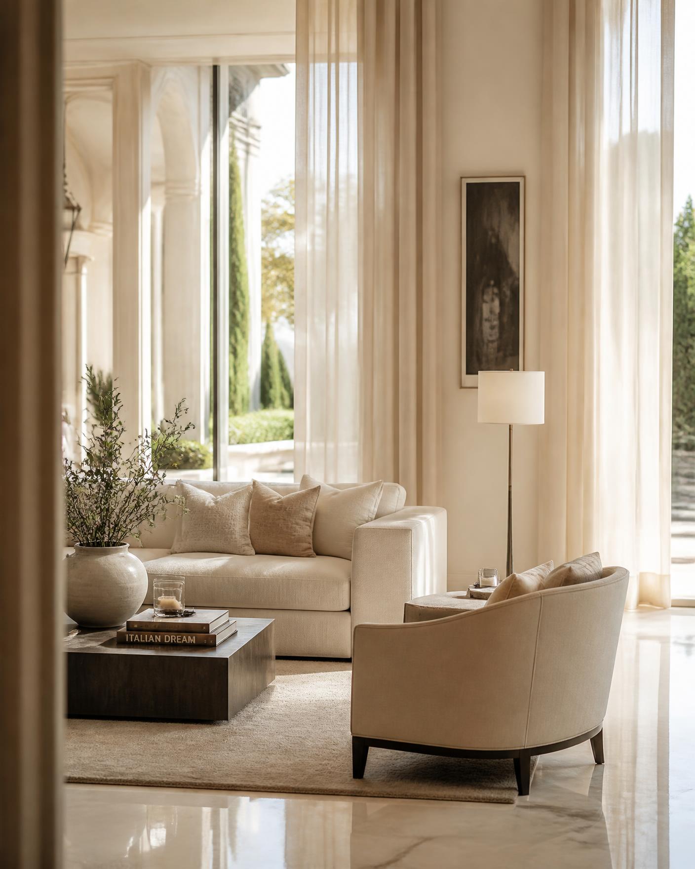 Immaculate, sunlit living room maintained by MV Luxury Cleaning in Houston